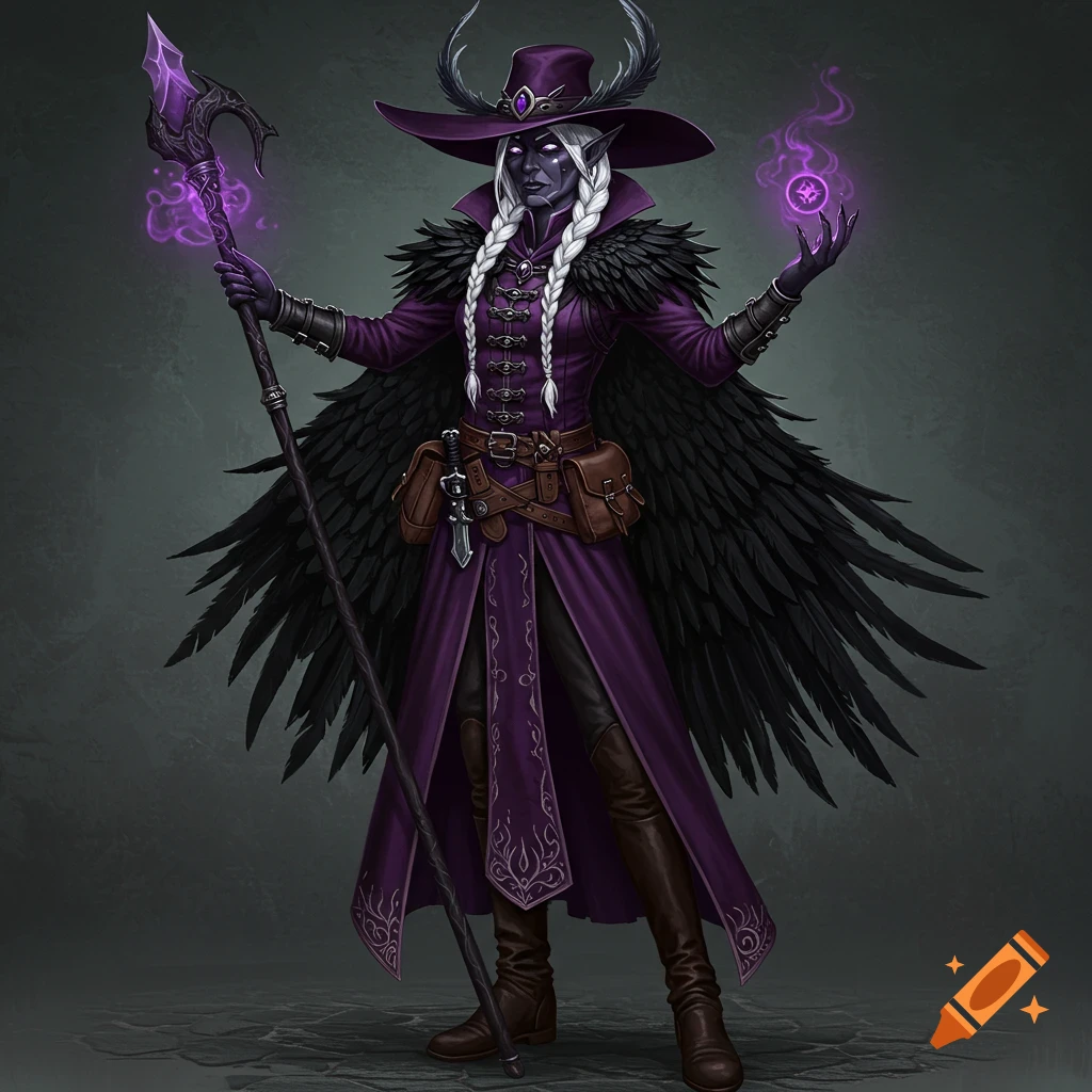 Fantasy character in purple robes and raven feather cloak, holding staff and casting magic.