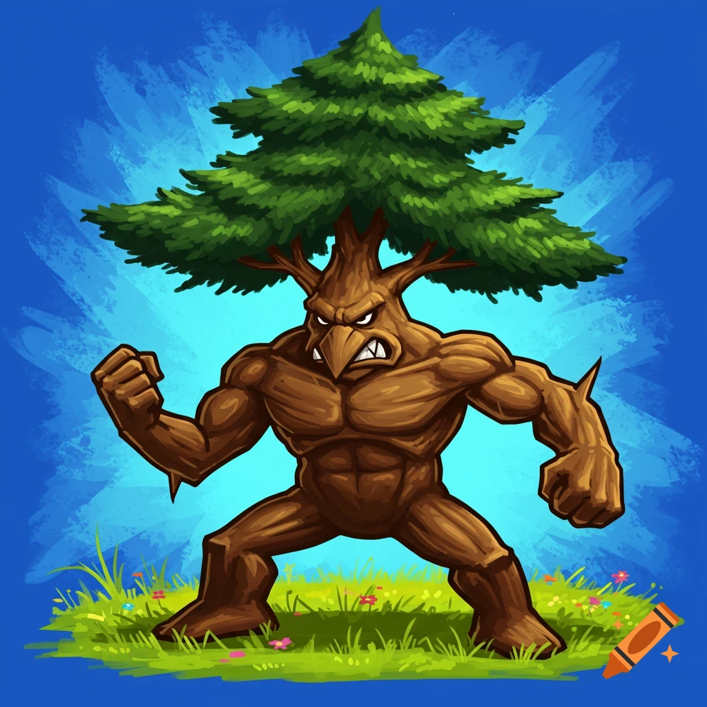 A muscular tree monster character with an evergreen tree top for a head stands flexing.