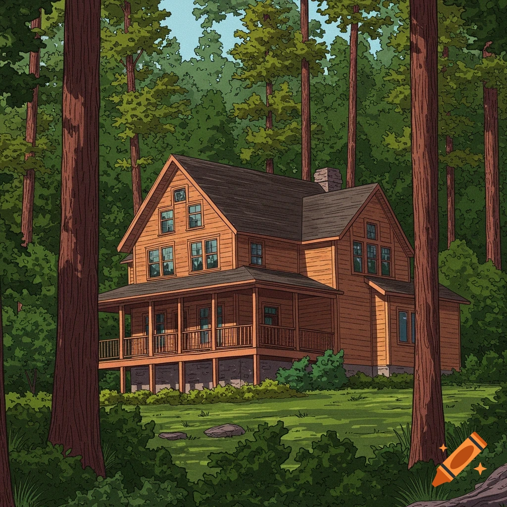 A two-story wooden house stands in a forest clearing.