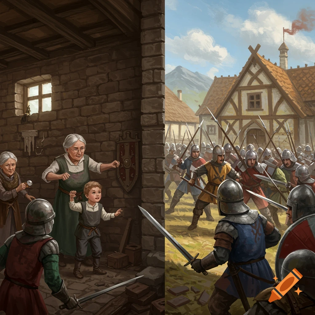 A split scene showing a grandma and child inside a house and knights battling outside.