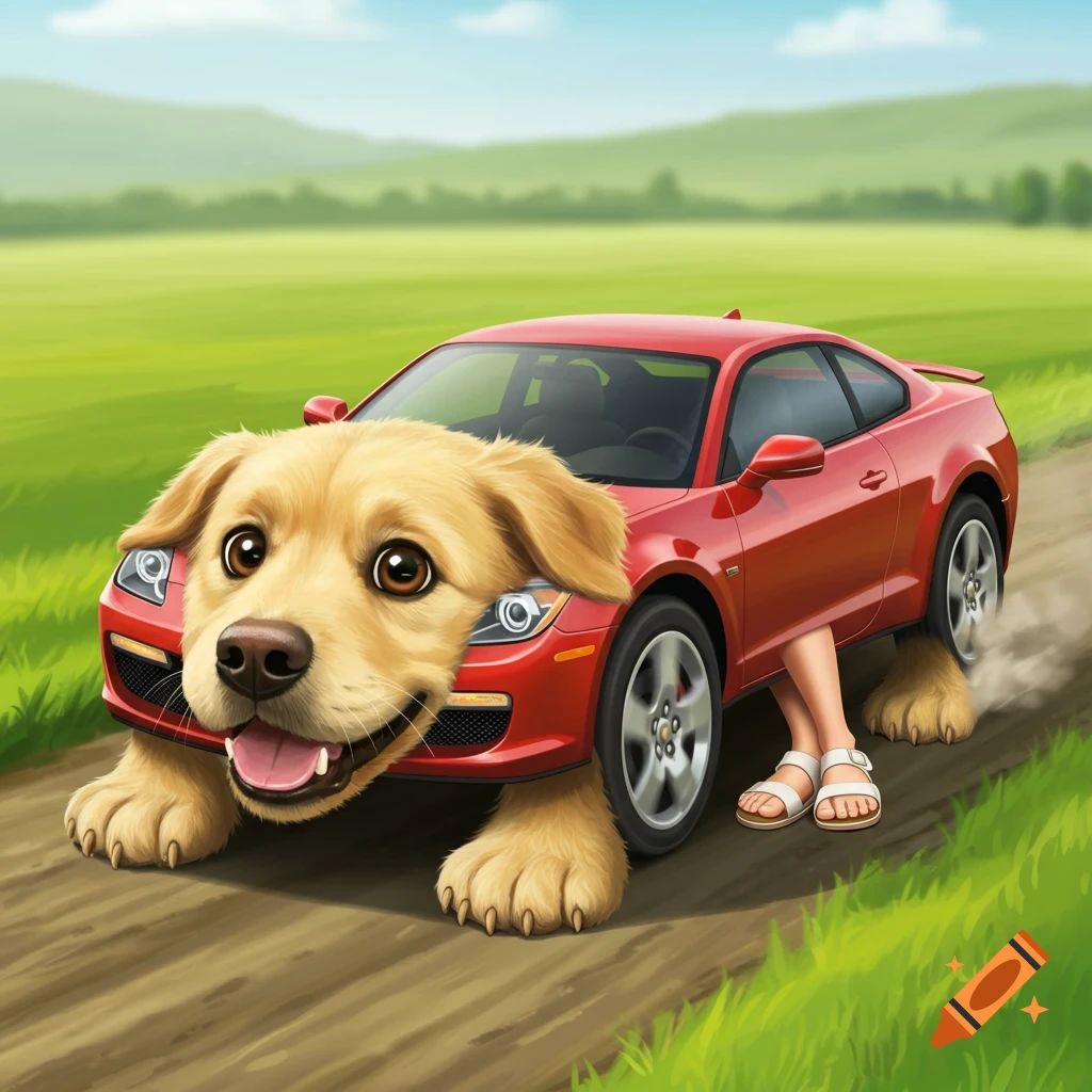 A red car with a dog head and paws, and human feet, driving on a road.