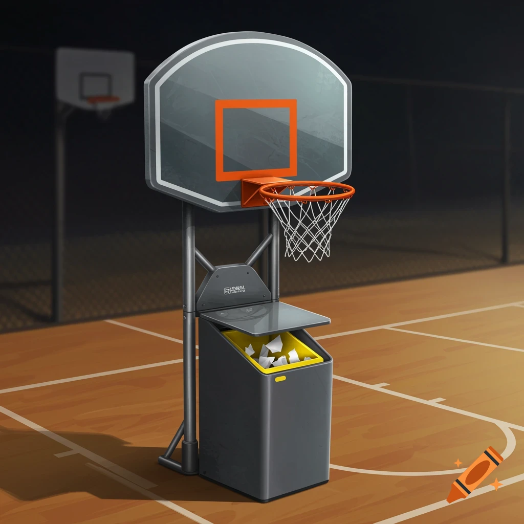 A modern basketball hoop with an integrated trash bin stands on a court.