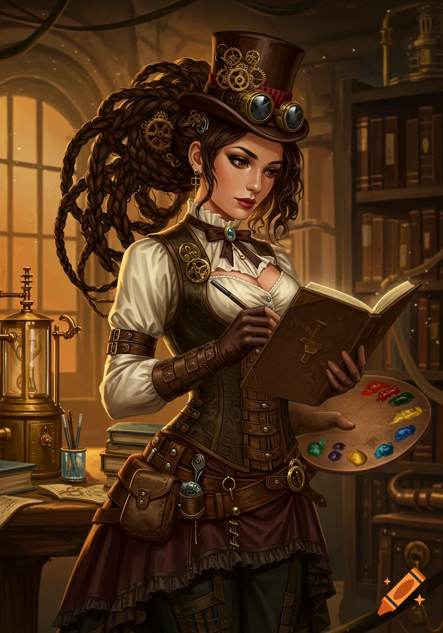 Steampunk woman in a library drawing in a book with a paint palette.