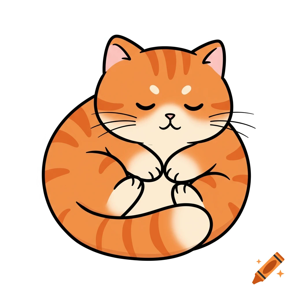 A cute orange tabby cat curled up and sleeping, vector graphic style.