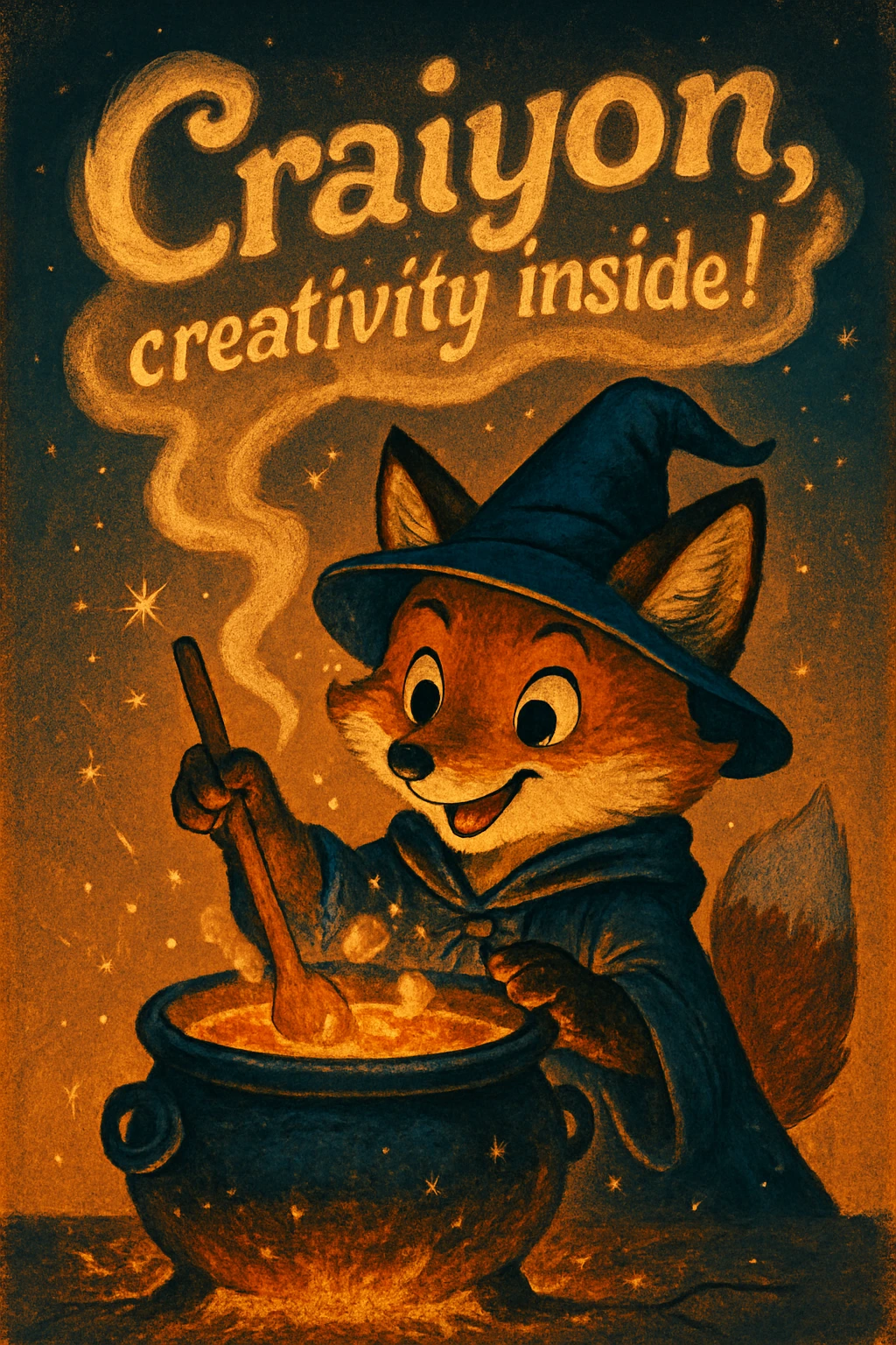 Cute fox wizard cooking potion with Craiyon text in smoke