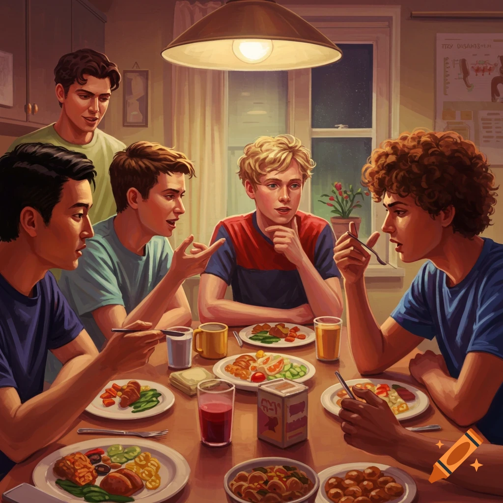 A group of young men are seated around a table, sharing a meal and engaged in conversation.