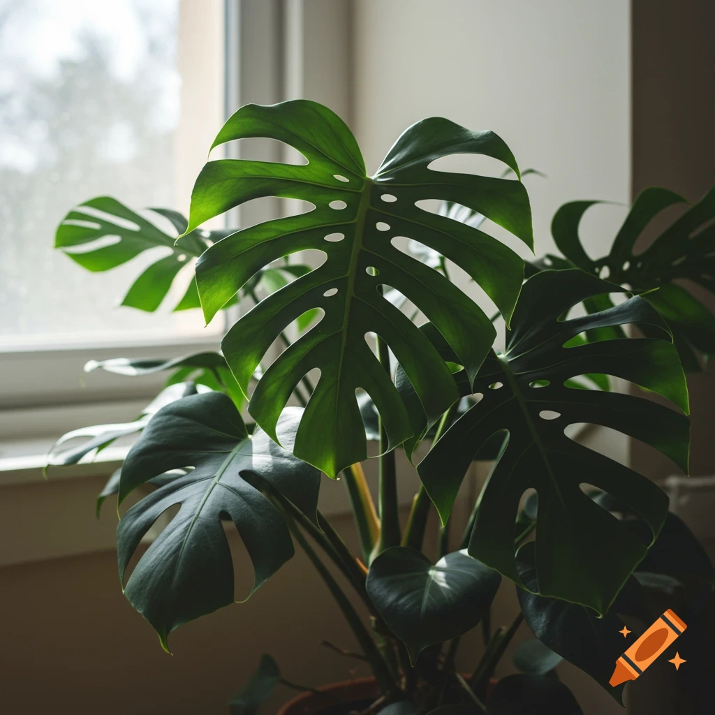 Close-up photo of a Monstera plant leaf near a window