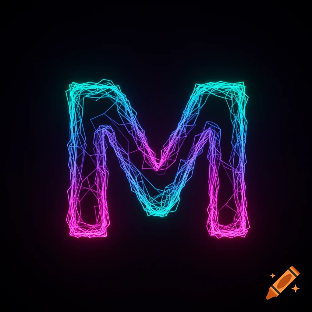 A glowing neon wireframe letter M in cyan, purple, and pink against a black background.