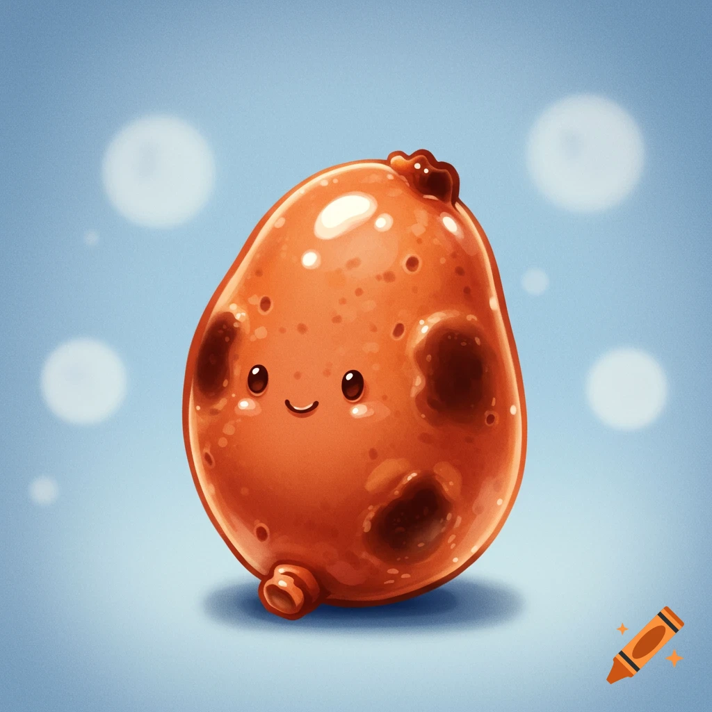 A cute, orange, seed-like creature character smiling.