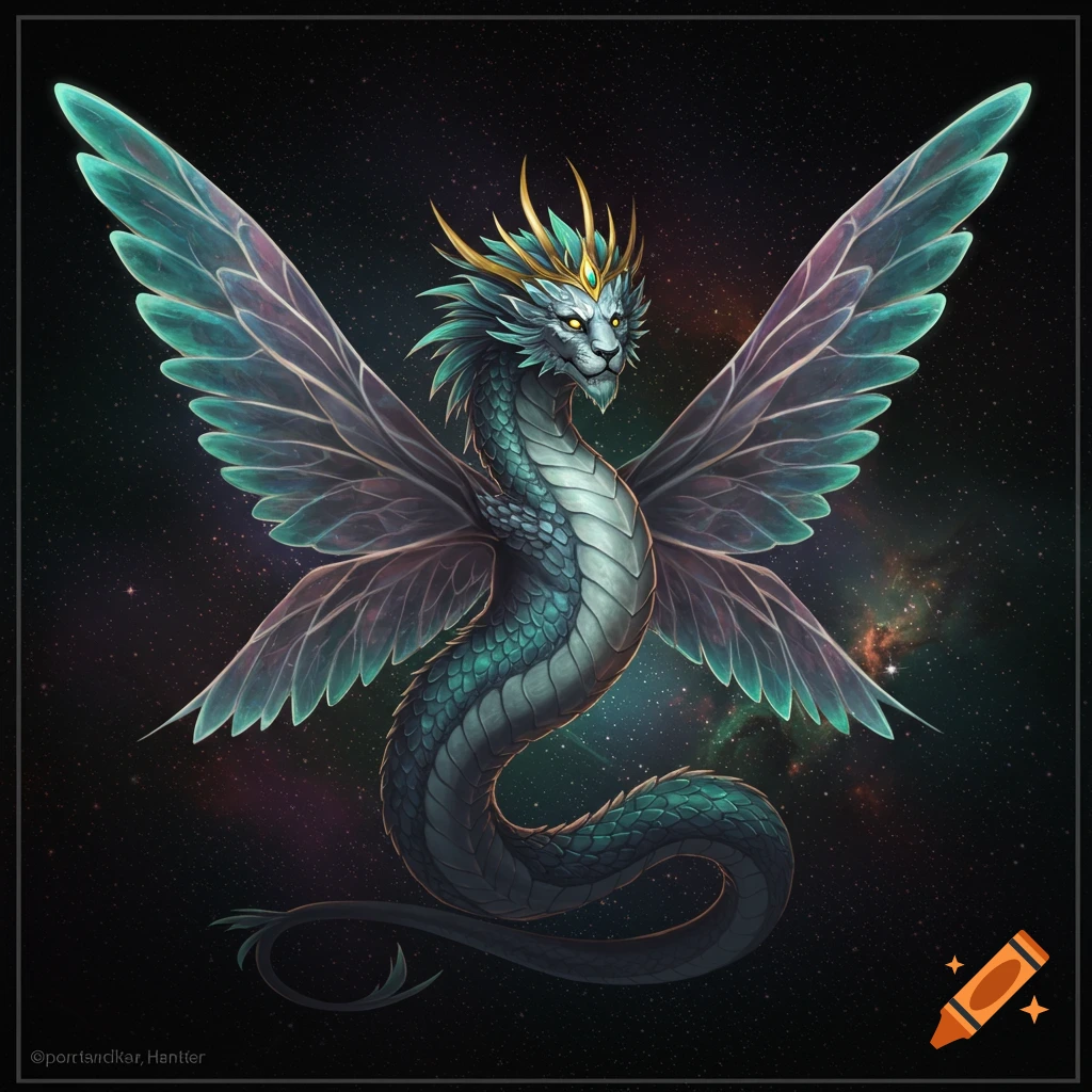 A winged creature resembling a dragon or serpent with a lion's face, against a starry space background.