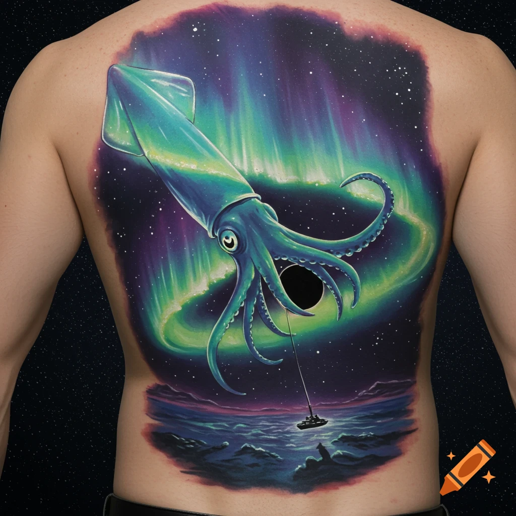 A giant squid emerging from an aurora borealis above a black hole, dragging a spaceship towards an ocean scene below, tattooed on a back.