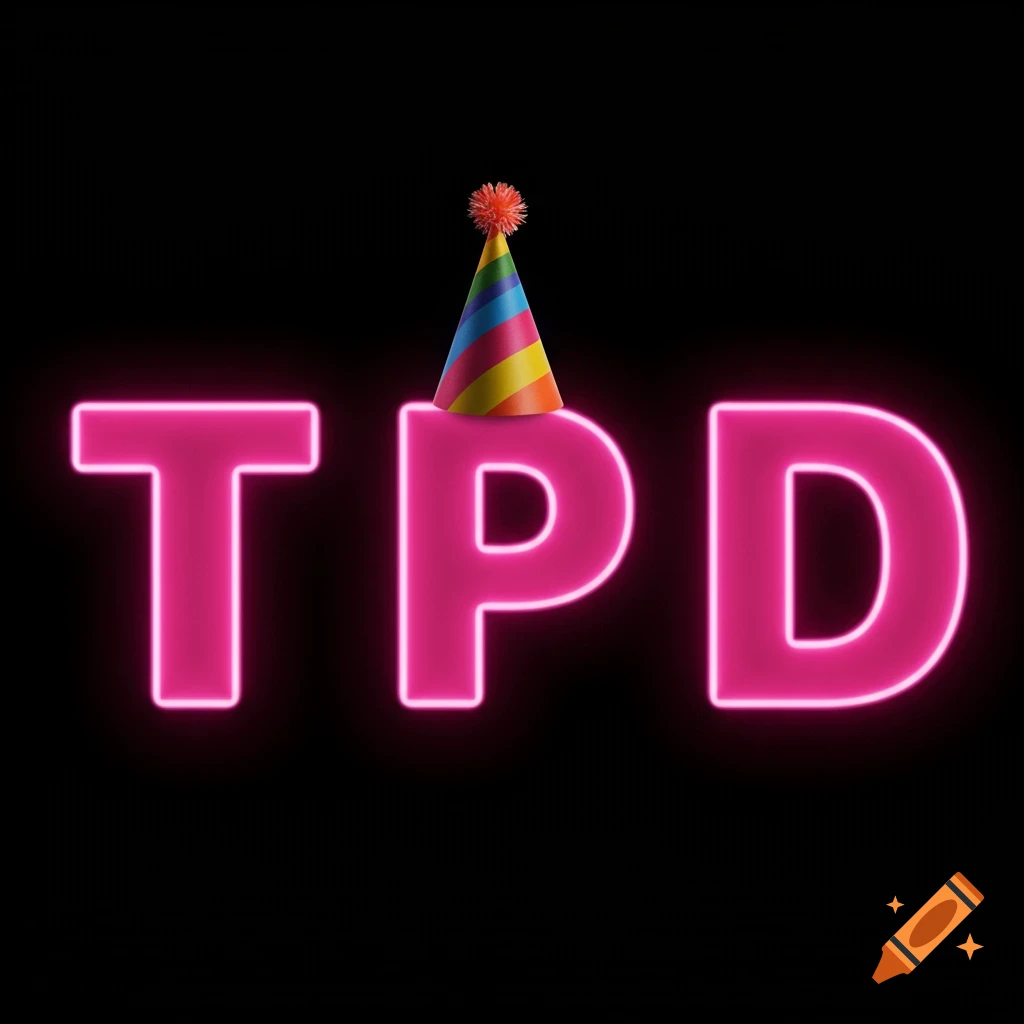 Pink neon letters TPD with a rainbow party hat on the P against a black background.