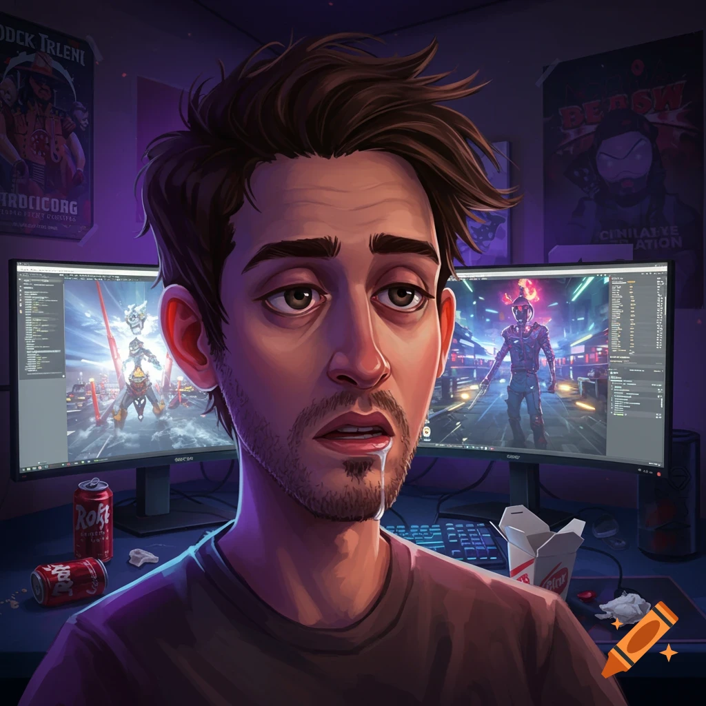 A tired gamer man with drool is surrounded by computer monitors displaying games.