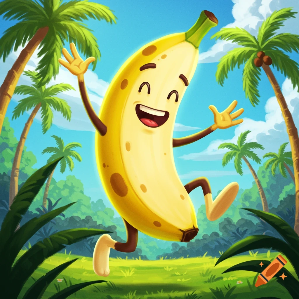 Cartoon banana character jumping excitedly in a jungle setting with palm trees.