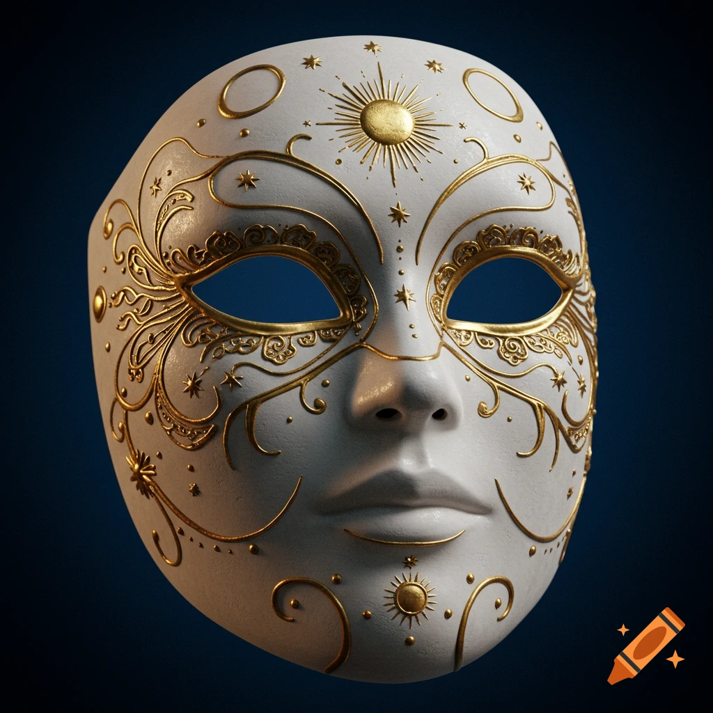 A detailed white mask with gold filigree and celestial designs like suns, moons, and stars.