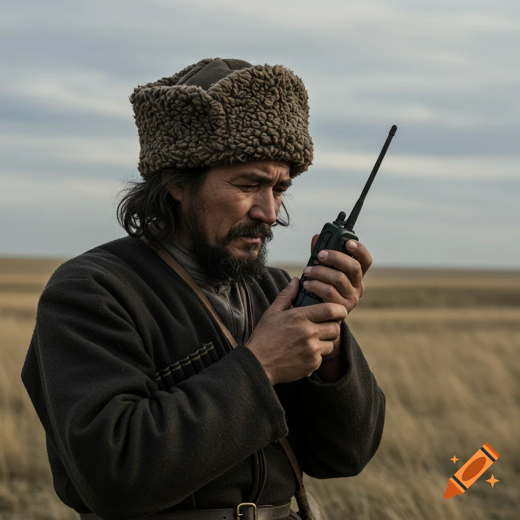 Man in traditional hat and coat holding a radio in a field