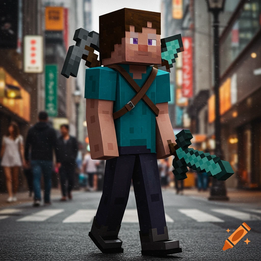Minecraft Steve stands on a city street crossing holding a sword and pickaxe.