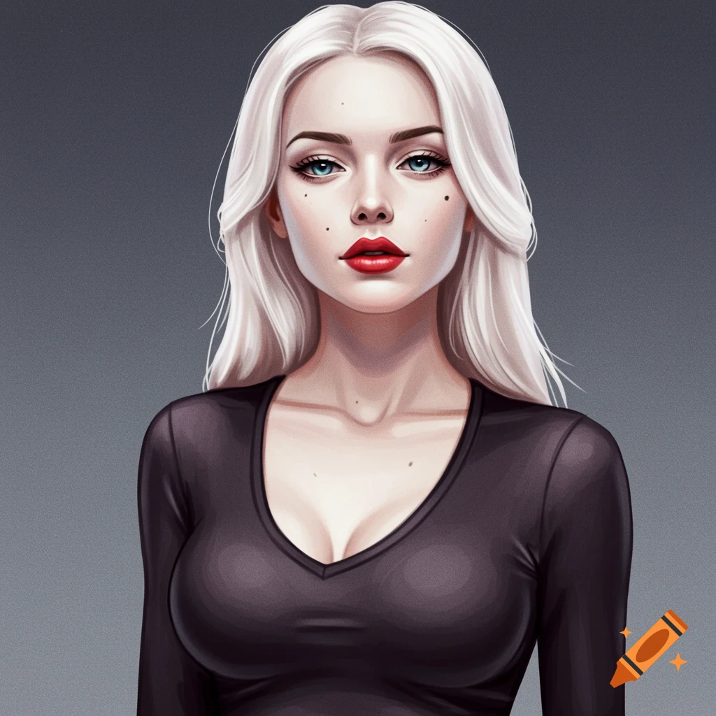 Portrait of a woman with blonde hair and red lips.