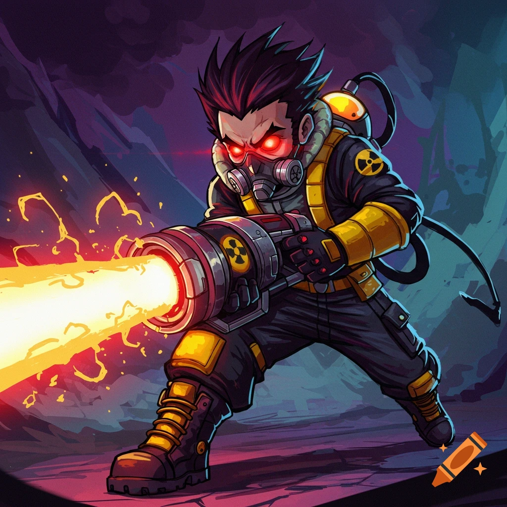 Cartoon character in radiation suit and gas mask shooting a weapon.