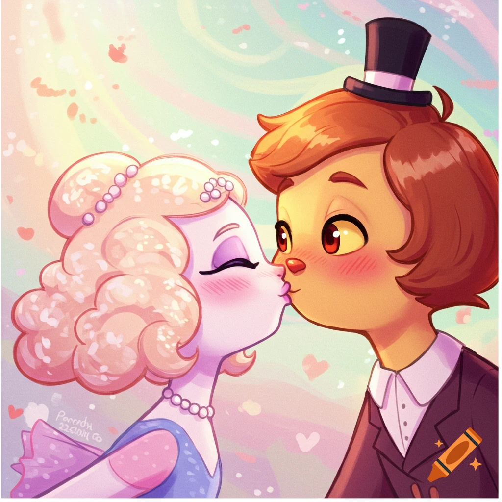 two anthropomorphic characters kissing