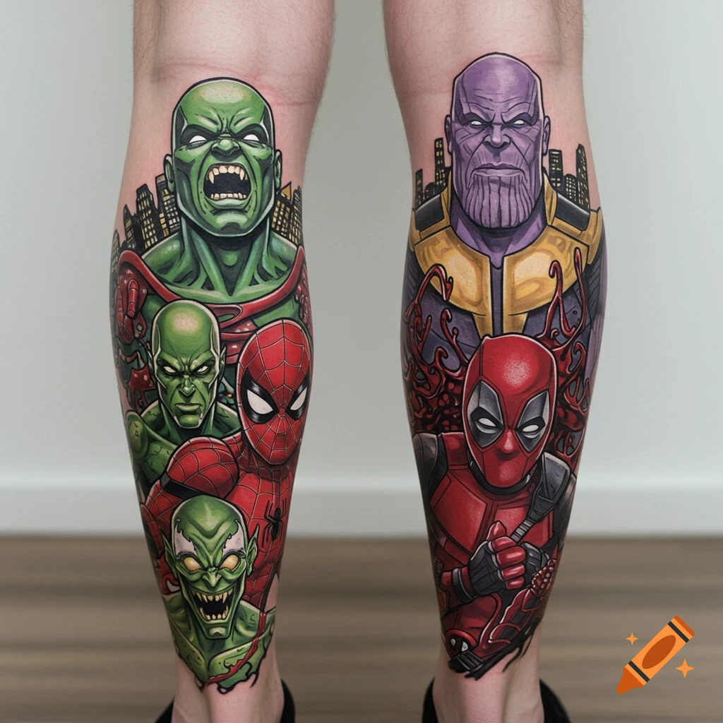 Tattoos on legs depicting Marvel characters including Spider-Man, Hulk, Thanos, Deadpool, Green Goblin, and Carnage, with city backgrounds.