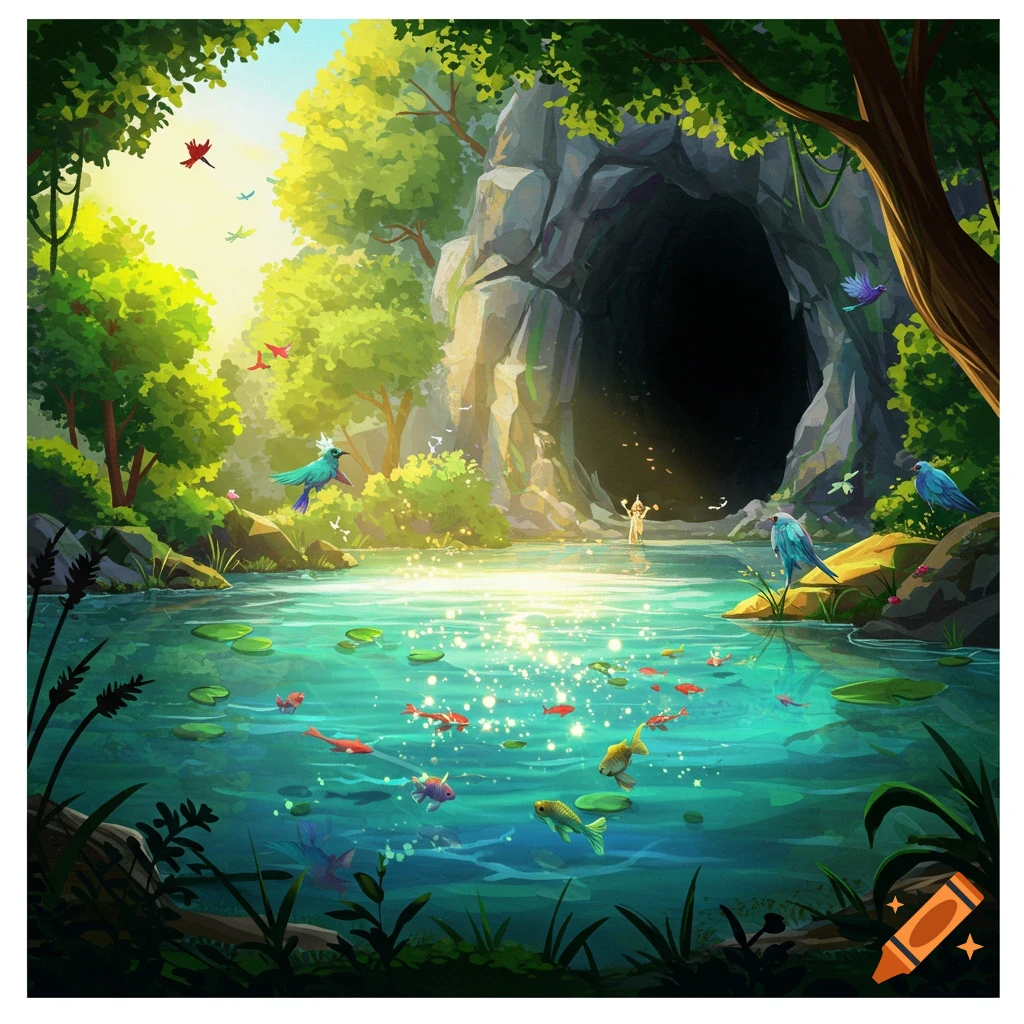 A vibrant forest scene with a sparkling lake, teeming with fish and birds. A mysterious cave is visible, and figures are present.