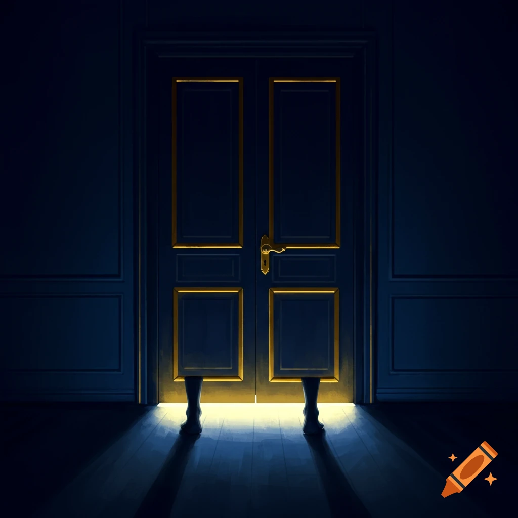 Feet are visible under a closed dark blue door with gold trim in a dimly lit room with light shining beneath the door.