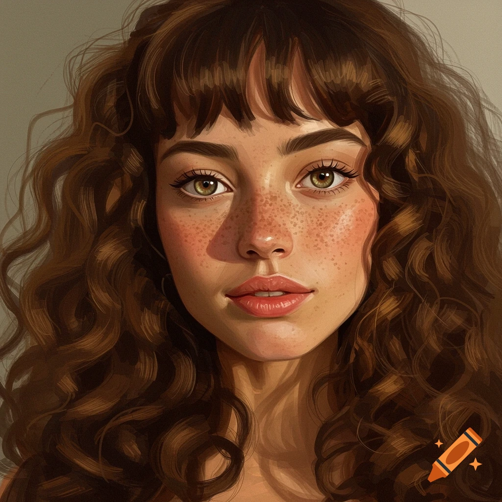 A woman with curly brown hair, freckles, and hazel eyes.