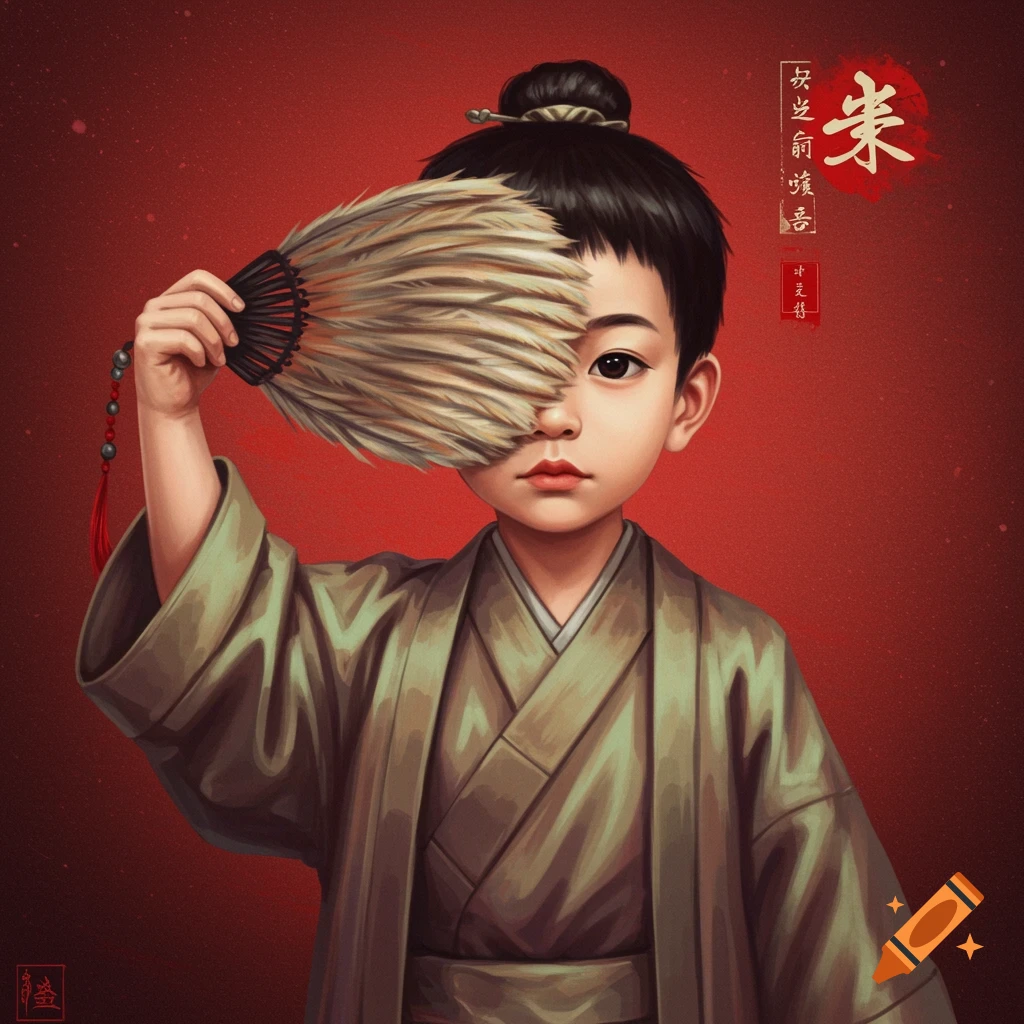 A young boy in traditional Chinese clothes holds a feather fan over his face.