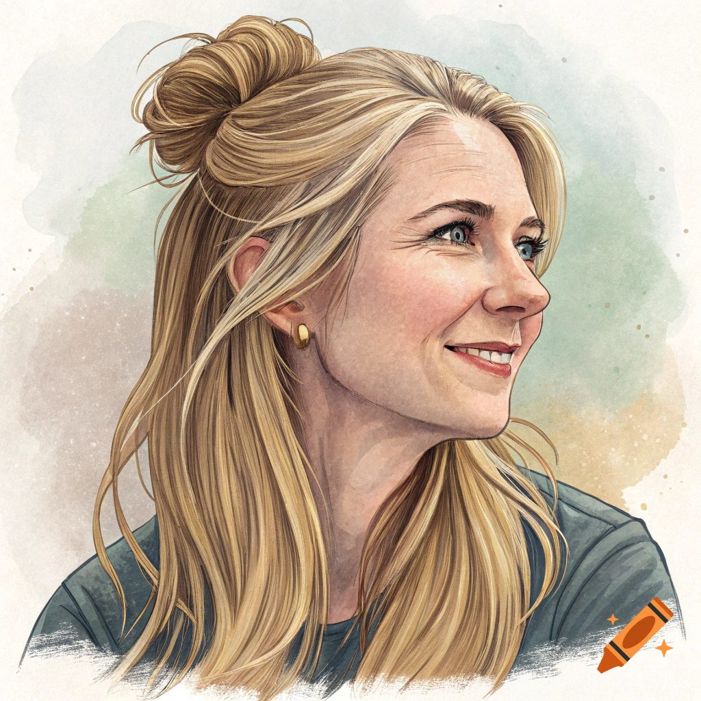 Watercolor portrait of a smiling blonde woman with hair in a messy bun, looking to the side.