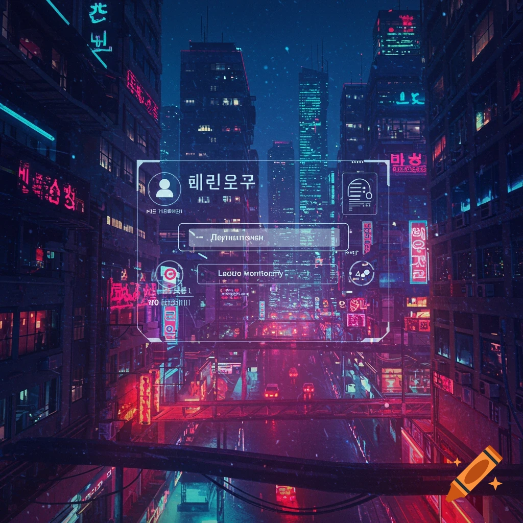 A futuristic cyberpunk city street at night with neon signs and a glowing UI overlay.