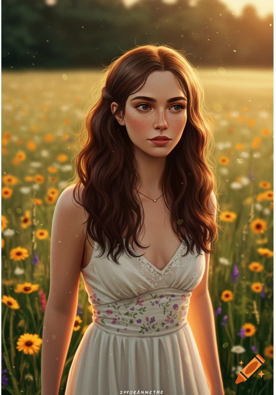 A woman in a white dress stands in a field of flowers at sunset.