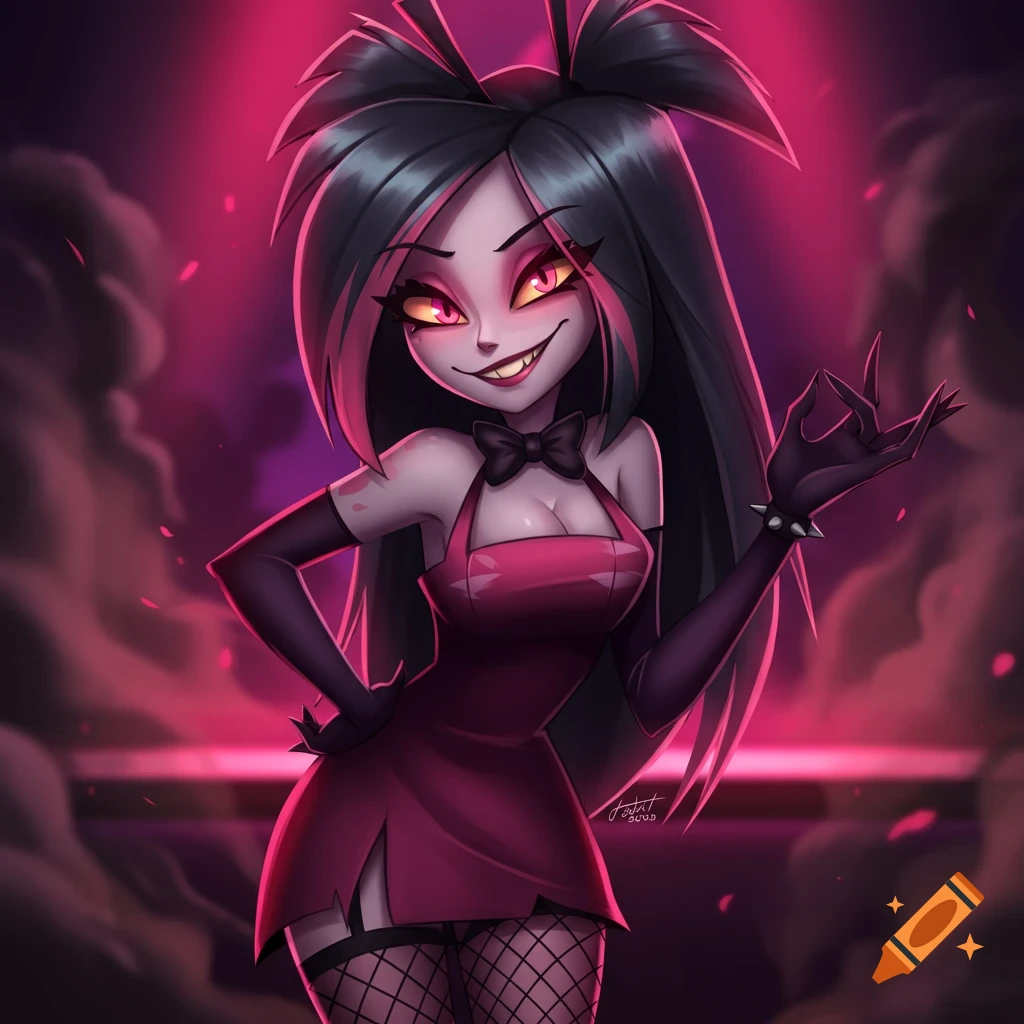 A stylized female character with pink eyes, dark hair, red dress, fishnets, and gloves in a dark, pink-lit setting.