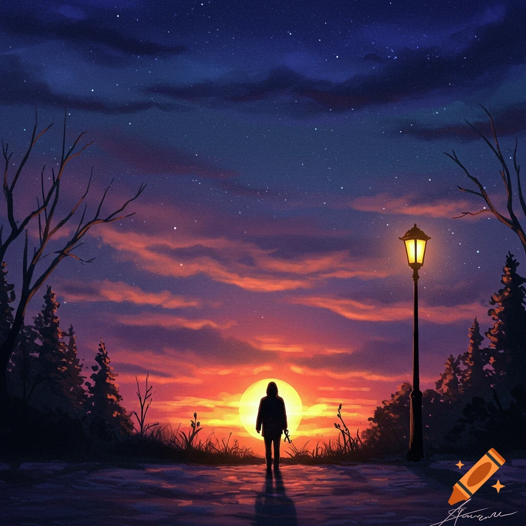 A silhouetted person stands before a bright sunset and starry sky, with trees and a lamp post.
