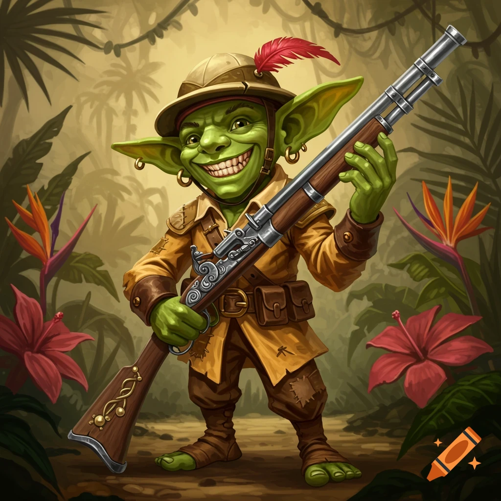 A goblin in a pith helmet holds a rifle in a jungle.