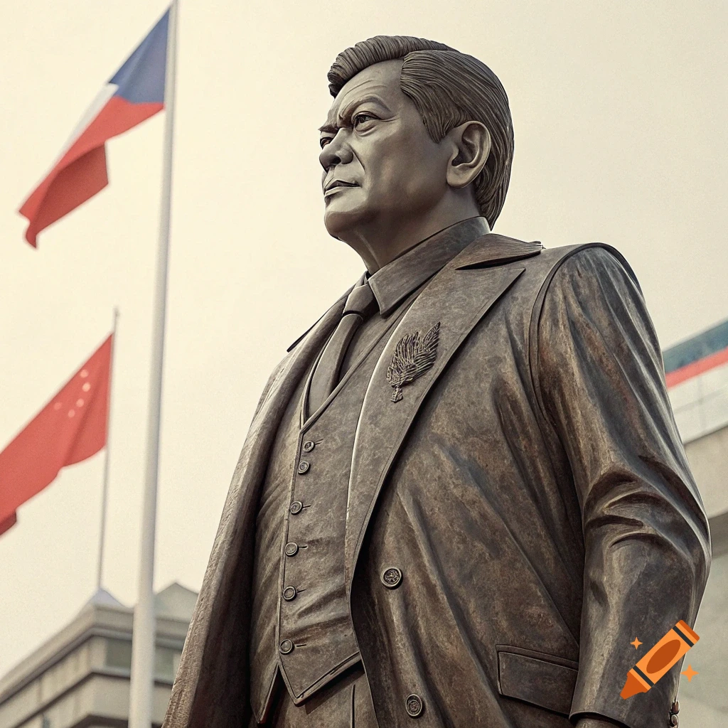 Bronze statue of a man in a suit with flags behind him.
