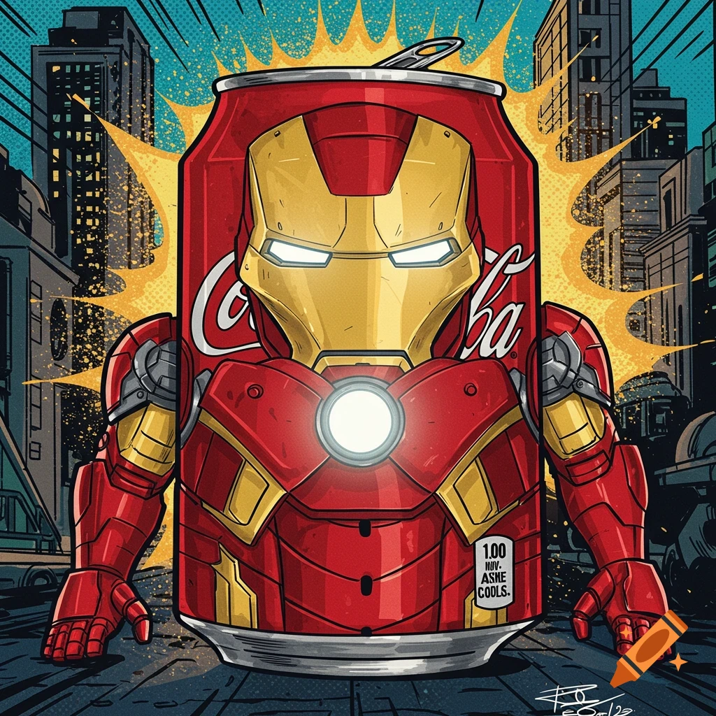 Digital illustration of a Coca-Cola can dressed as Iron Man standing in a city street.