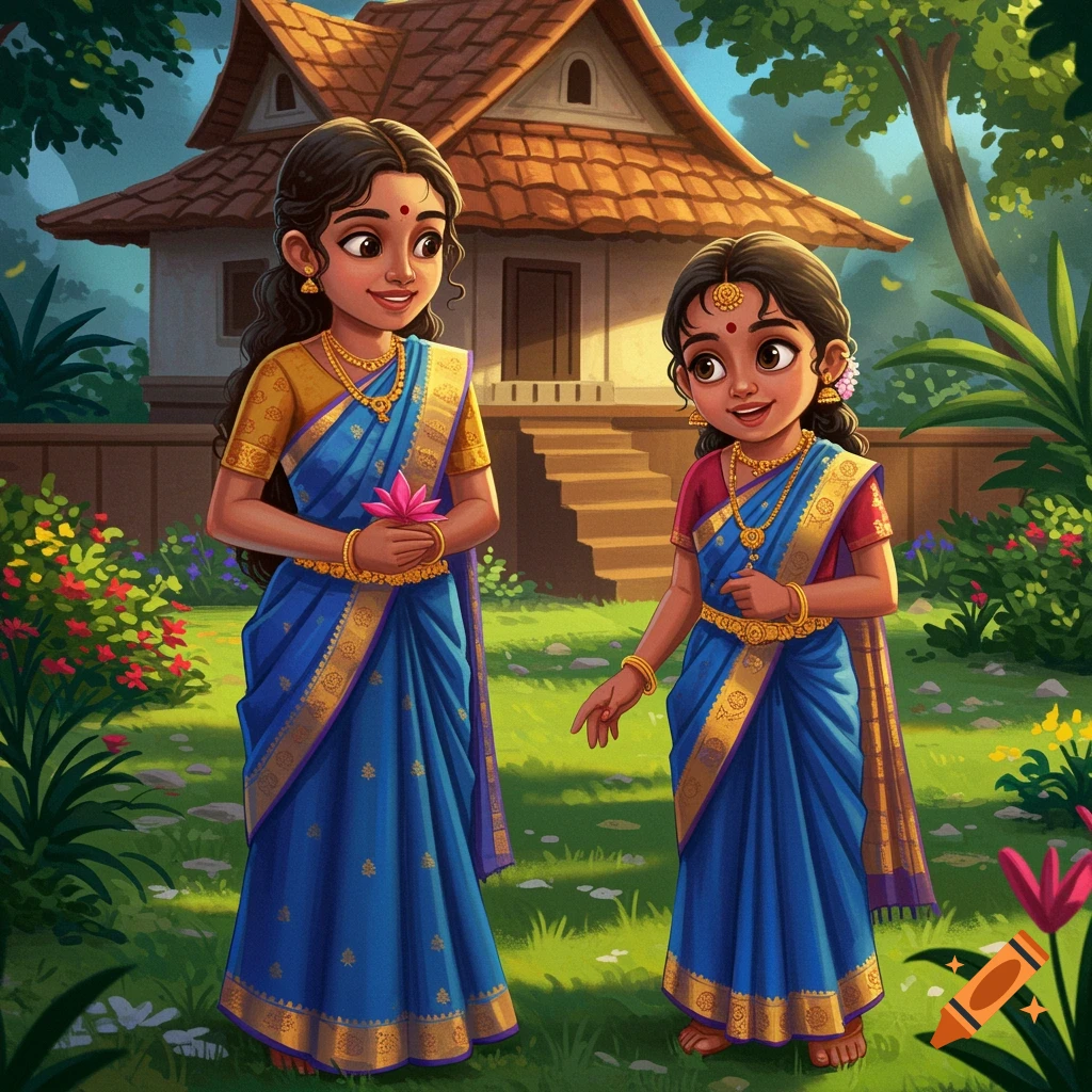 Two young sisters in blue sarees standing in a lush garden with a traditional house.