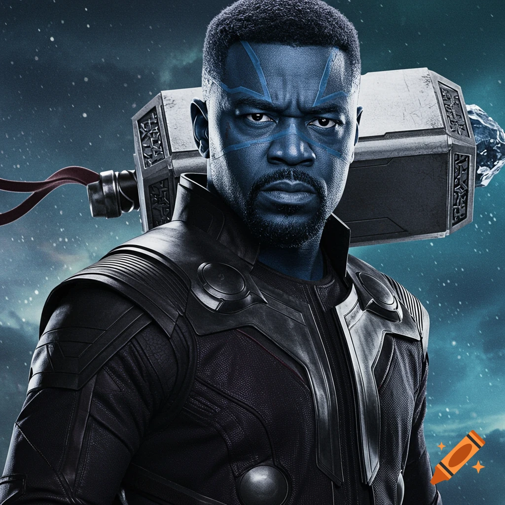 A close-up portrait of a character with blue face markings and a beard, wearing black armor and holding a large hammer over his shoulder against a starry sky.