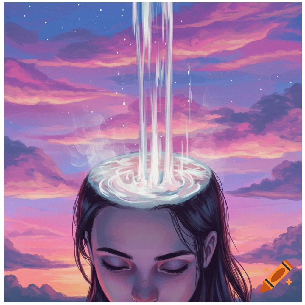 Water pouring into the top of a woman's head under a vibrant, cloudy sky.