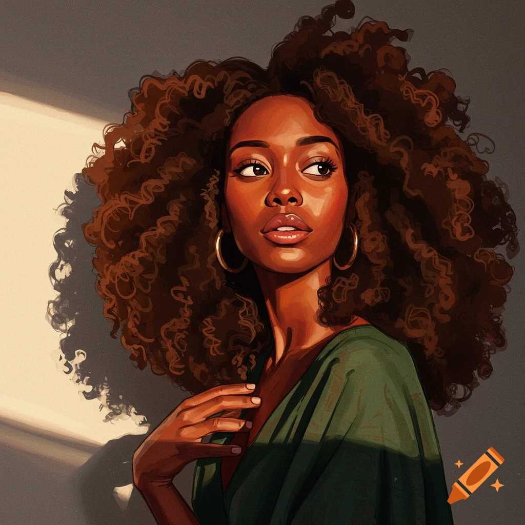 A Black woman with voluminous curly hair is looking to the side in dramatic lighting