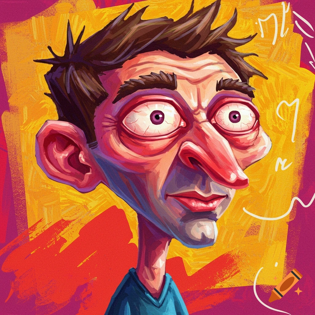 A man's exaggerated caricature portrait with large eyes and nose against a colorful background.