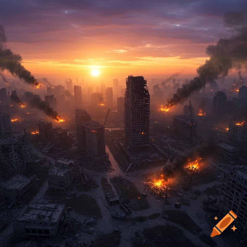 Aerial view of a destroyed cityscape burning at sunset.