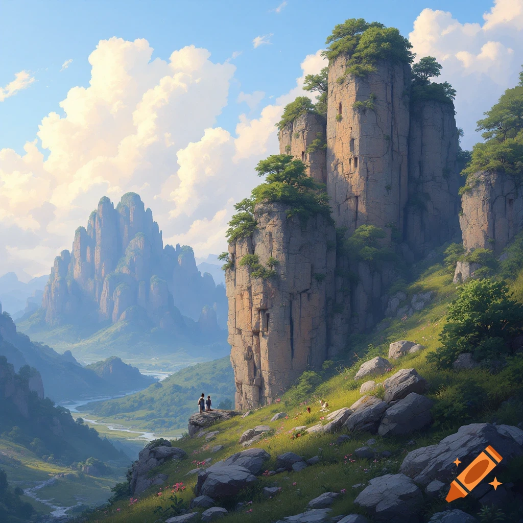 A mountain valley landscape with cliffs, a river, and small figures on a rock.