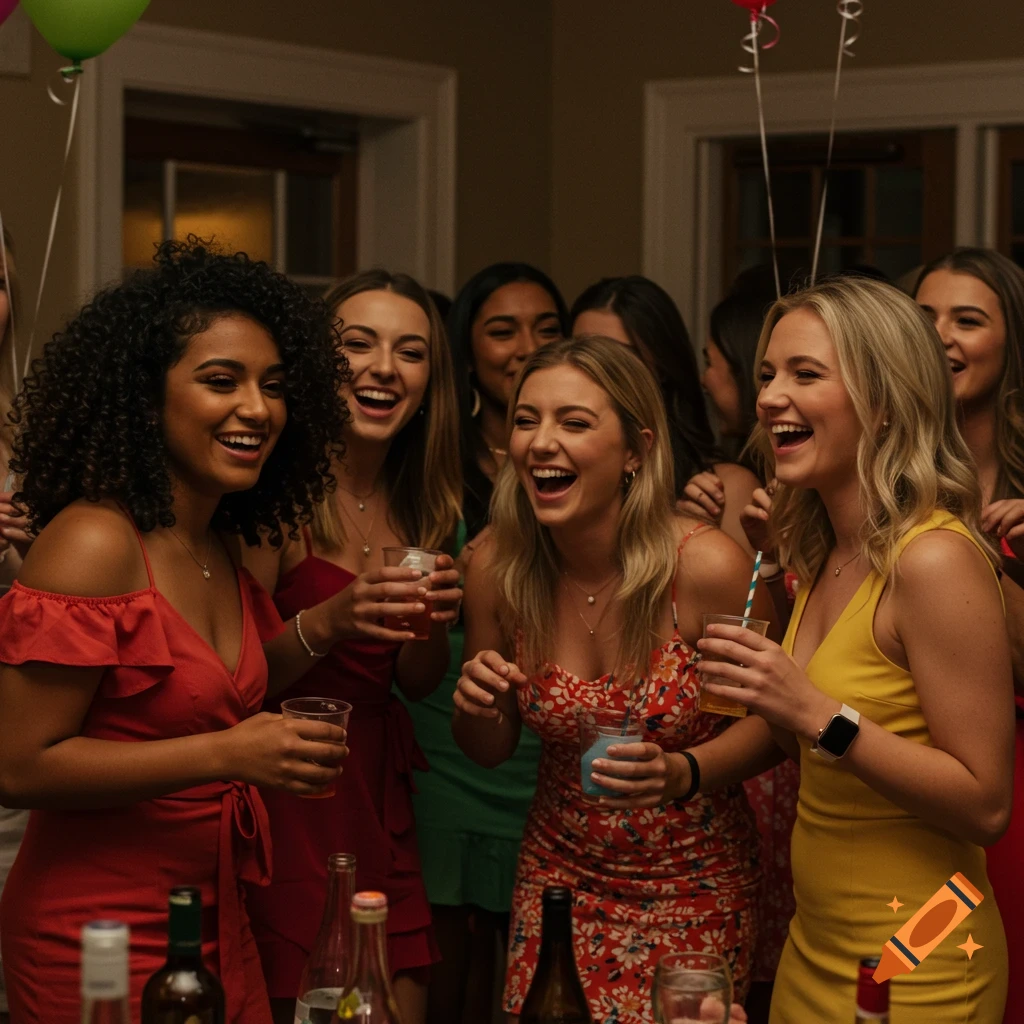 Sorority sisters laughing and holding drinks at a party