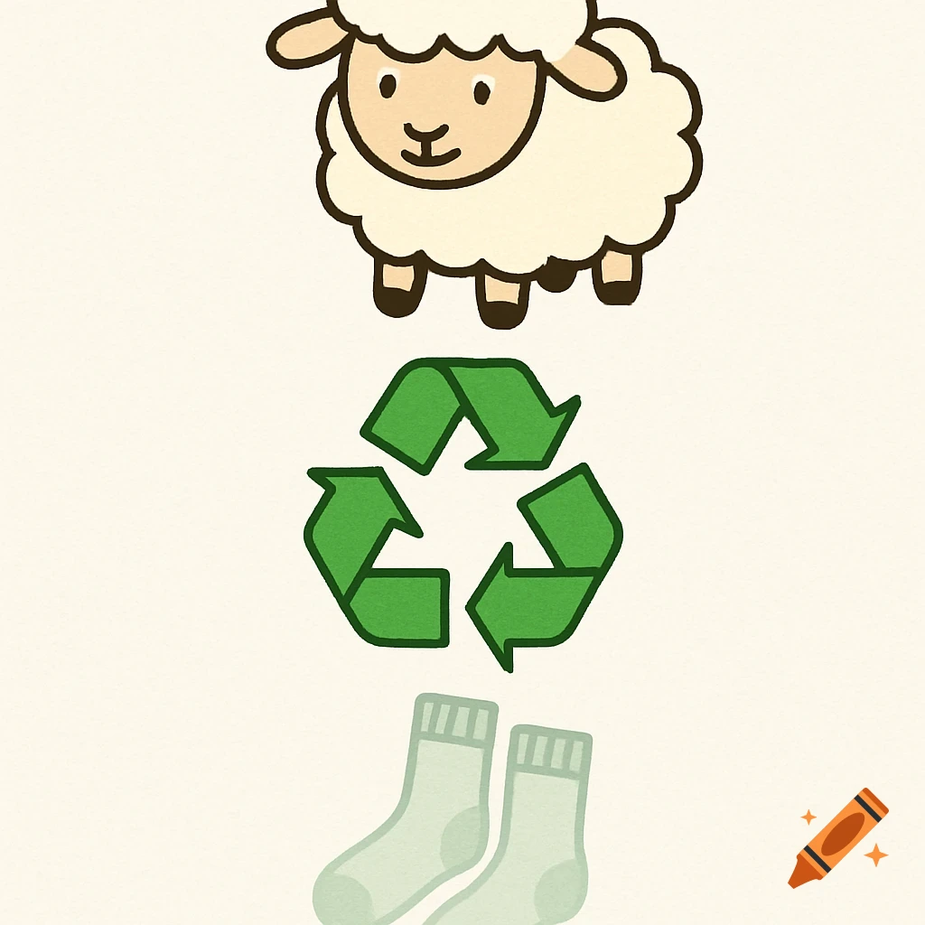 An illustration of a cartoon sheep above a recycling symbol above fading socks.