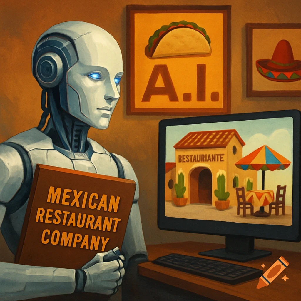 A robot holding a book, looking at a screen showing a Mexican restaurant.