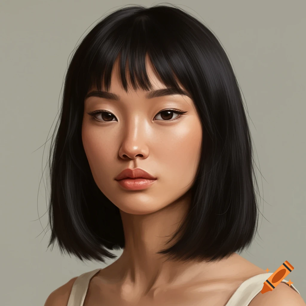 Realistic portrait of a young Asian woman with short black hair.