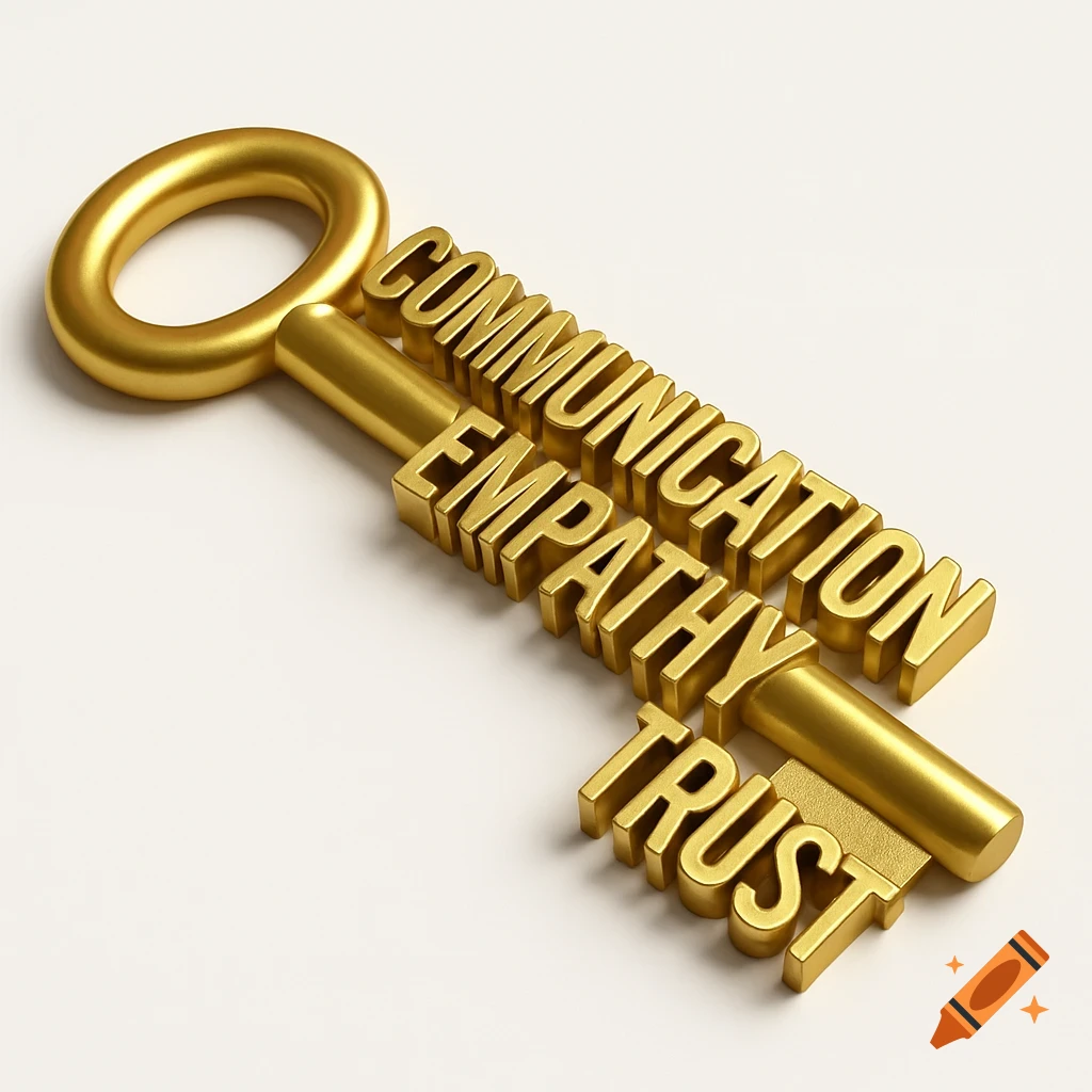 A golden 3D key engraved with the words COMMUNICATION, EMPATHY, and TRUST.