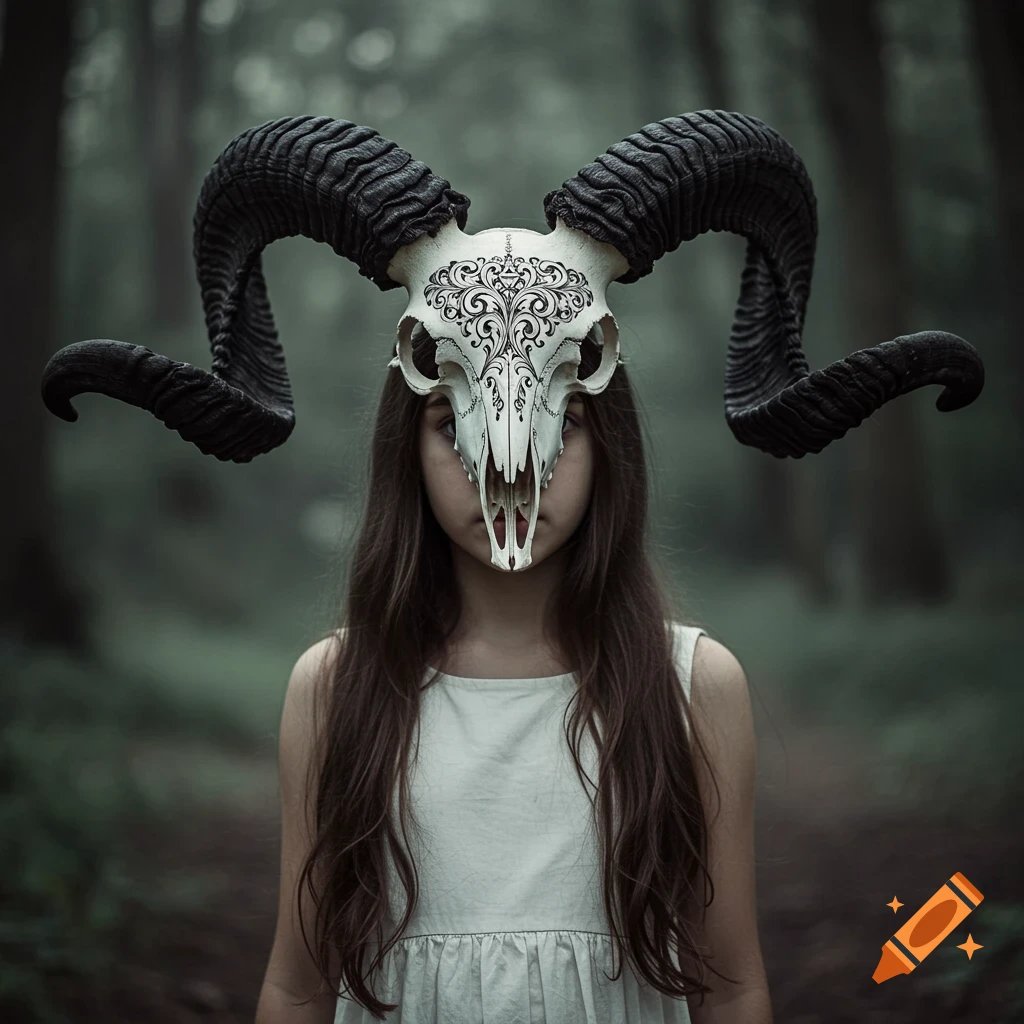 Young girl with long hair wearing a decorative ram skull mask with large horns, standing in a dim forest.